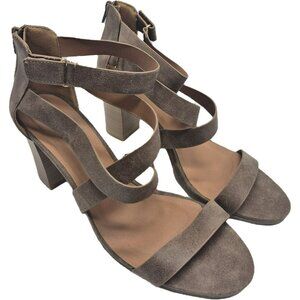 Qupid Strappy Taupe Block Heel Sandals Back Zipper Vegan Leather Womens 10